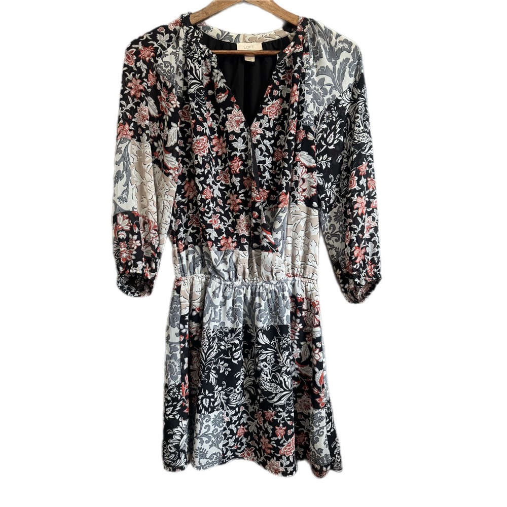Loft‎ Outlet Floral Patchwork Dress Womens XS Black Red Surplice Elastic Waist